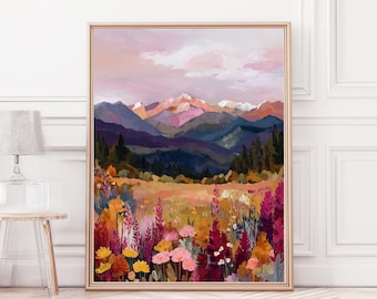 Mountain Landscape Poster – Wildflower Mountains Wall Art, Nature Poster, Boho Mountain Art, Maximalist Dopamine Art Print, landscape