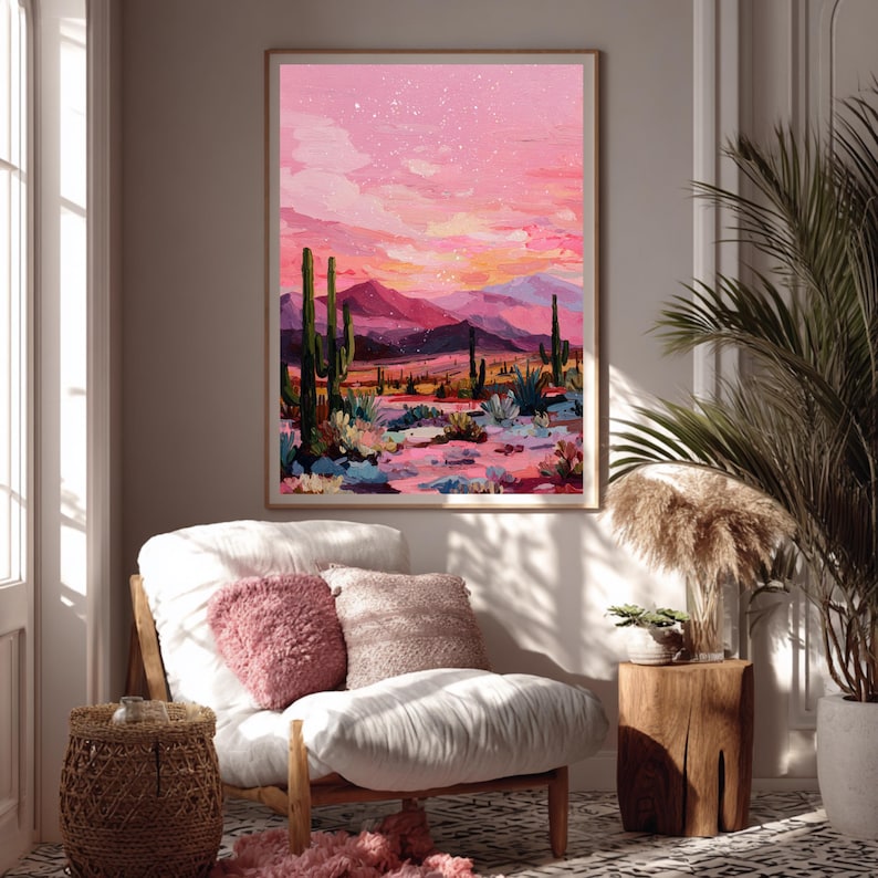 Maximalistische travel art poster van een surrealistische woestijn.