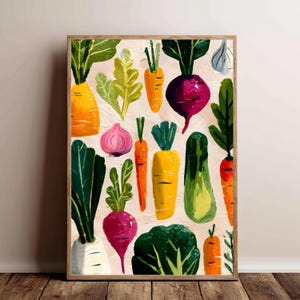 Pode incluir: Uma impressão de arte emoldurada com uma ilustração colorida de vários vegetais. A obra de arte inclui cenouras, beterrabas, cebolas e verduras em um estilo vibrante e pictórico. Os vegetais são dispostos sobre um fundo bege claro.