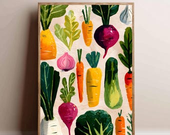 Maximalist Vegetable Poster – Colorful Kitchen Art with Carrots and Beets, Playful Food Illustration Veggies Wall Art