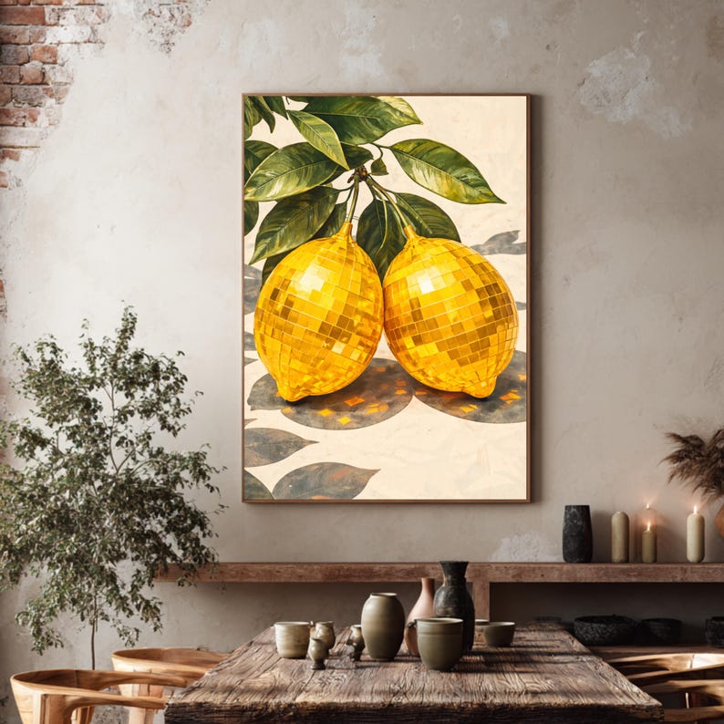 Gouden disco ball citroenen kunstprint.