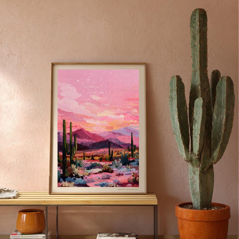 Funky maximalist wall art van een kleurrijk desert landschap.
