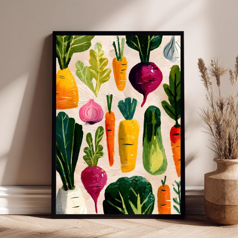 Moderne wall art met illustratieve groenten.