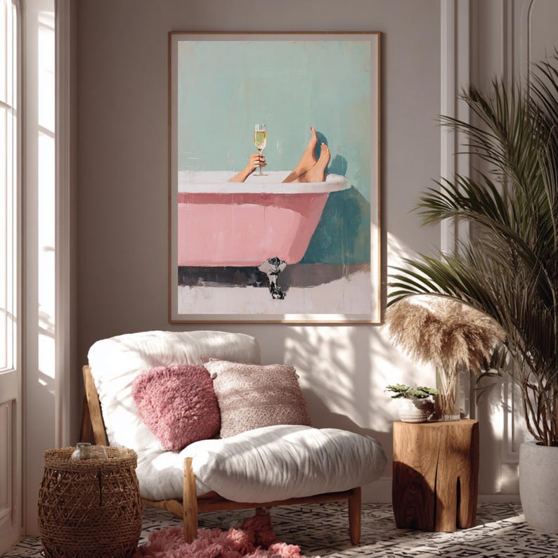 Maximalistische kunstposter met bad en champagne, dopamine decor.