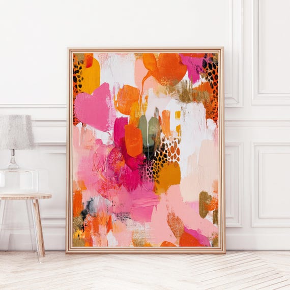 Abstracte Dopamine Art Poster – Roze & Oranje Maximalistische Kunstprint, Kleurrijke Eclectische Wall Art Modern Interieur Expressief