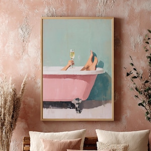 Kleurrijke kunstposter van champagne in bad, trendy wanddecoratie.