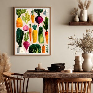 Keuken decoratie met artistieke groente illustratie.