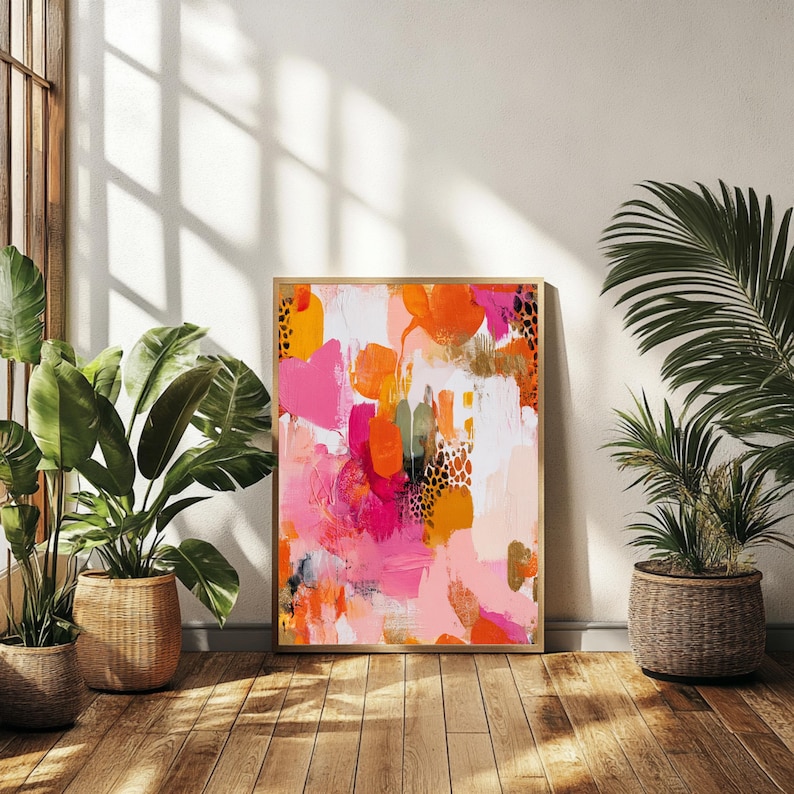Maximalistische kunstprint met felle kleuren en textuur.