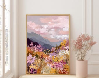 Wildflower Mountain Landscape Wall Art Print – Cottagecore Nature Poster, Boho Dopamine Decor, Eclectic Retro Funky Artwork