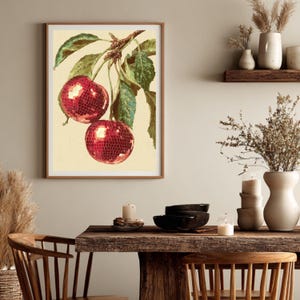 Retro funky art poster met kersen in disco vibe.