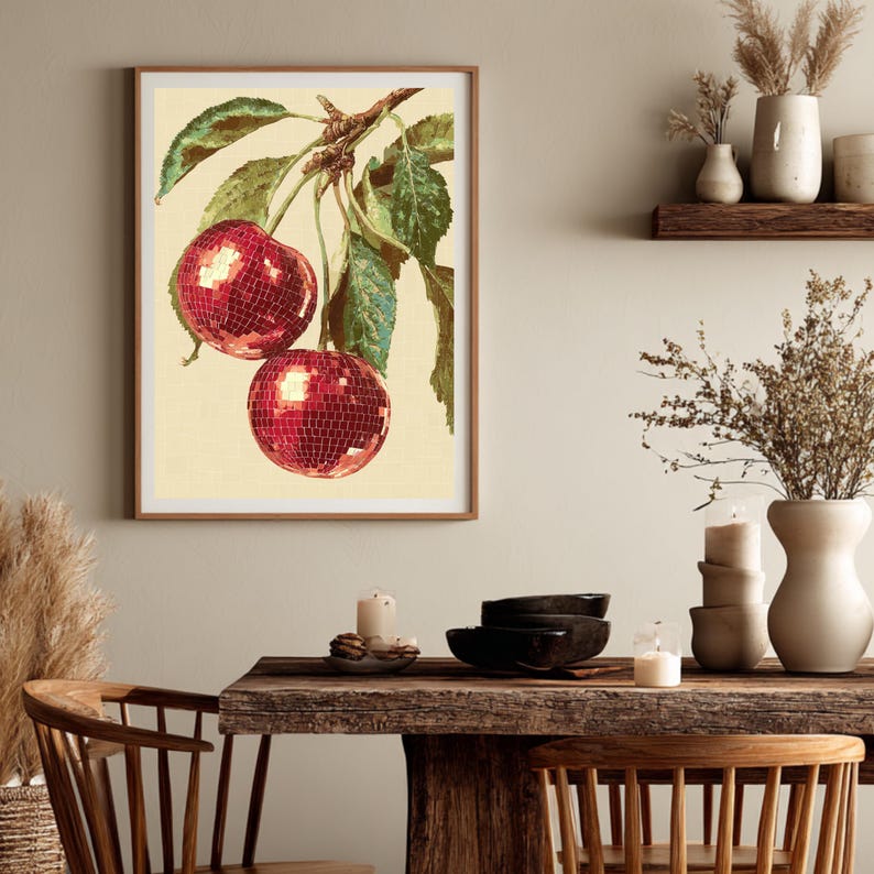Retro funky art poster met kersen in disco vibe.
