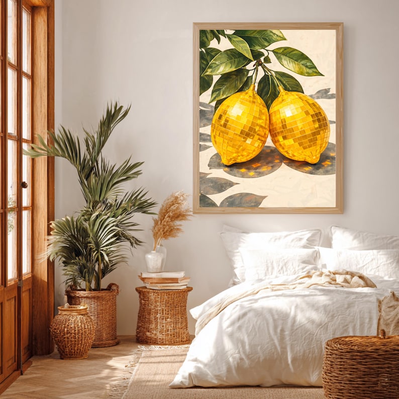 Maximalist wall art met disco fruit design.