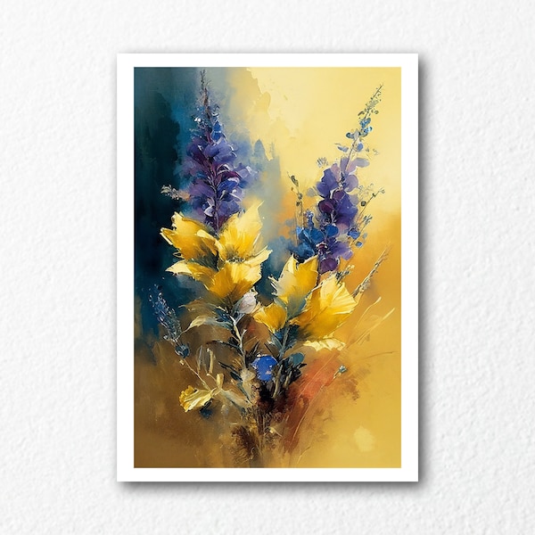 Blue Yellow Flowers | Still Life | Digital Oil Painting | Download Printable