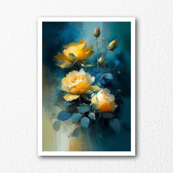 Yellow Roses on Blue Background | Flower Still Life | Digital Oil Painting | Download Printable