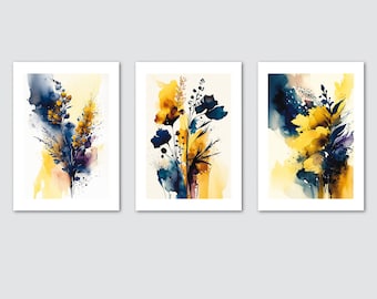 Abstract Flowers, Blue and Yellow Color - Set of 3 Printable Watercolors, Wall Art for Home Decor