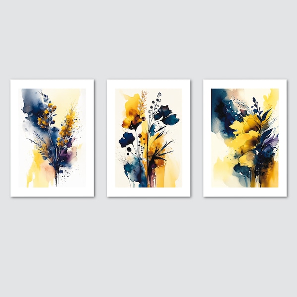 Abstract Flowers, Blue and Yellow Color - Set of 3 Printable Watercolors, Wall Art for Home Decor