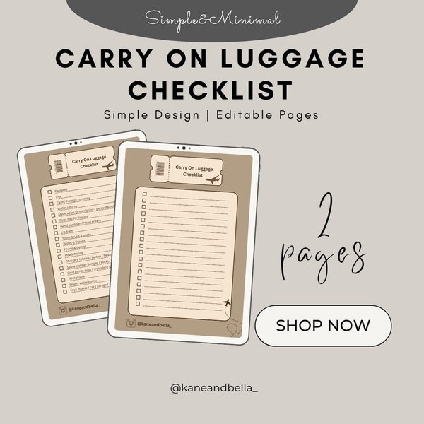 Carry On Luggage Checklist - 2 Pages - Simple Design - Editable - Travel Accessories - Printable - Instant Download - Vacation Planning