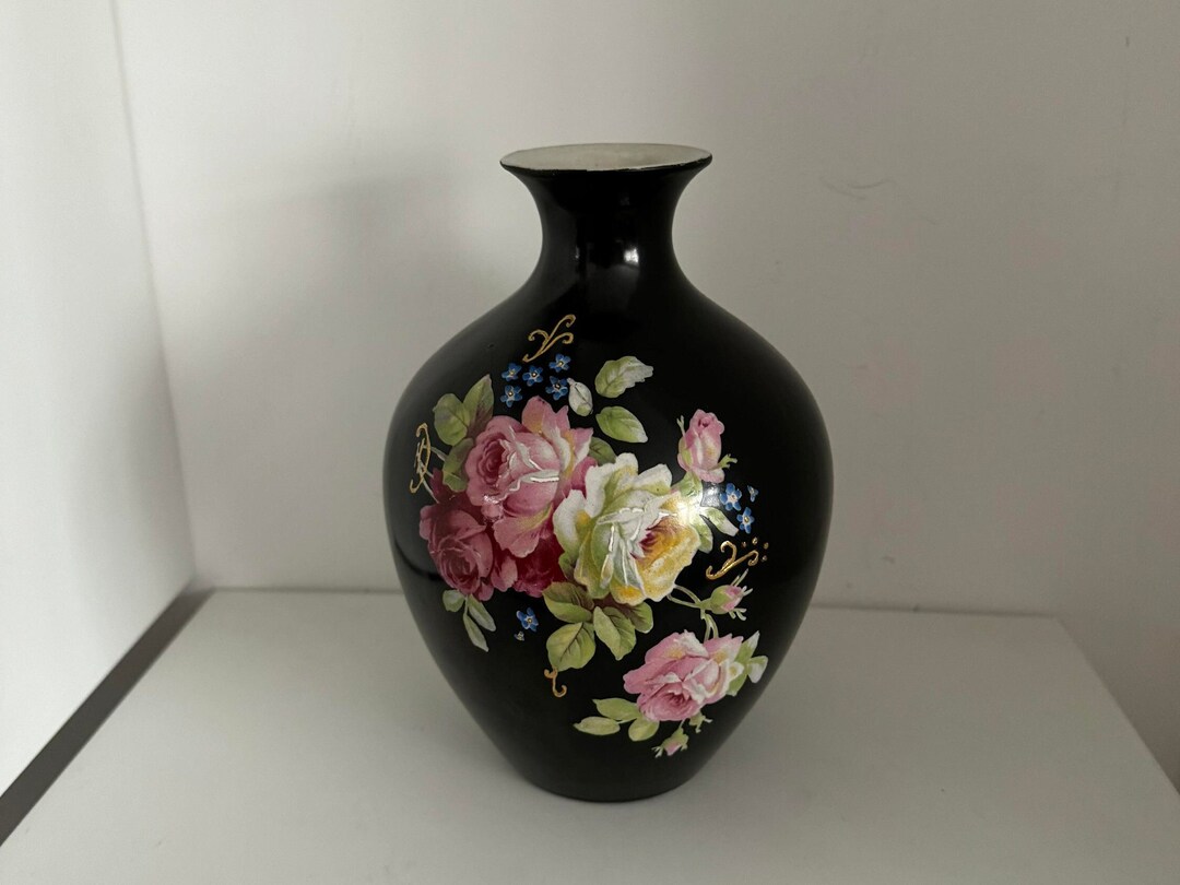 Vase Vintage Japonais En Céramique Noire – Motif Floral Roses – Fabrication Japon