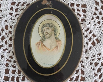 Antyczny owalny obraz religijny przedstawiający Jezusa