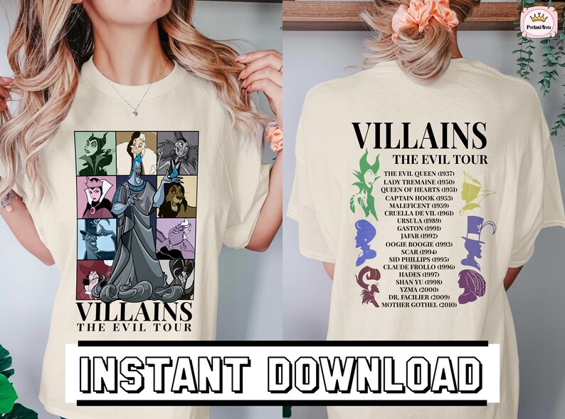Puede incluir: Una camiseta beige con un gr&aacute;fico de villanos de Disney. La parte delantera de la camiseta presenta una cuadr&iacute;cula de villanos con el texto "Villains The Evil Tour". La parte trasera de la camiseta presenta una lista de villanos de Disney con sus fechas de estreno de pel&iacute;culas.