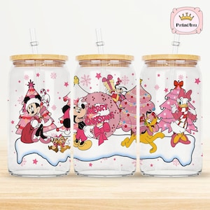 Mickey and Friends Pink Christmas Glass Can Wrap Png, 16oz Glass Can Wrap Png, Disneyland Christmas Glass Wrap Download, Instant Download