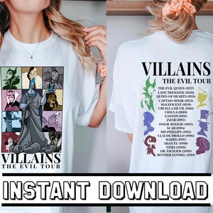 Puede incluir: Camiseta blanca con un gr&aacute;fico de villanos de Disney en la parte delantera y una lista de villanos de Disney con sus fechas de estreno de pel&iacute;culas en la parte posterior. El texto dice "Villains The Evil Tour".