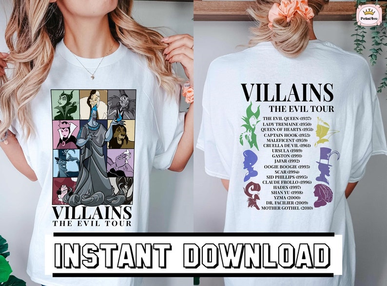 Puede incluir: Camiseta blanca con un gr&aacute;fico de villanos de Disney en la parte delantera y una lista de villanos de Disney con sus fechas de estreno de pel&iacute;culas en la parte posterior. El texto dice "Villains The Evil Tour".