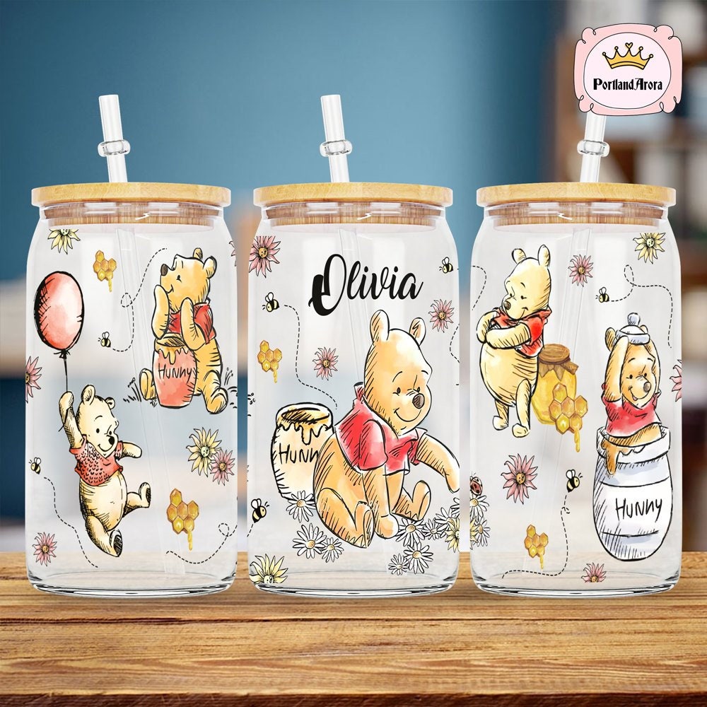 Personalized Winnie The Pooh Glass Can Wrap Png, Pooh Bear Glass Wrap Png, 16oz Glass Can Wrap Png, Disneyland Glass Wrap, Instant Download