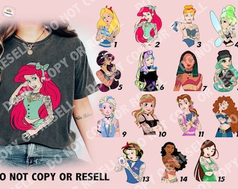 May include: A collage of 15 images featuring Disney princesses with tattoos. Each princess is depicted in a unique style with different tattoos, including flowers, hearts, and other designs. The princesses are all wearing different outfits, including dresses, shirts, and pants. The images are arranged in a grid pattern, with each image numbered.
