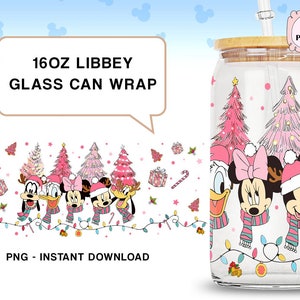 Mickey and Friends Pink Christmas Glass Can Wrap Png, Mickey and Friends, 16oz Glass Can Wrap Png, Disneyland Christmas Glass Wrap Download