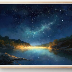 May include: A digital painting of a starry night sky reflected in a still lake. The water is calm and the stars are bright, creating a peaceful and serene atmosphere.
