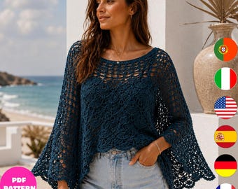 Teal Crochet Top Pattern PDF, Boho Lace Batwing Shirt, Women Summer Beach Cover Up Crochet Pattern, 6 Languages