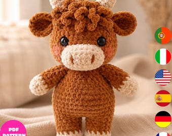 Highland Cow Crochet Pattern PDF, Cute Cow Amigurumi Plush Pattern, Farm Animal Crochet Toy, 6 Languages