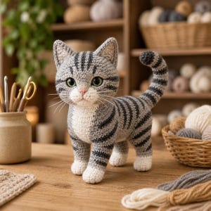 May include: A handcrafted crochet cat figurine featuring grey and white yarn with dark grey tabby stripes. The cat has large green eyes, a small pink nose, white paws, and a long, curved tail. It stands upright on a wooden surface with yarn nearby.