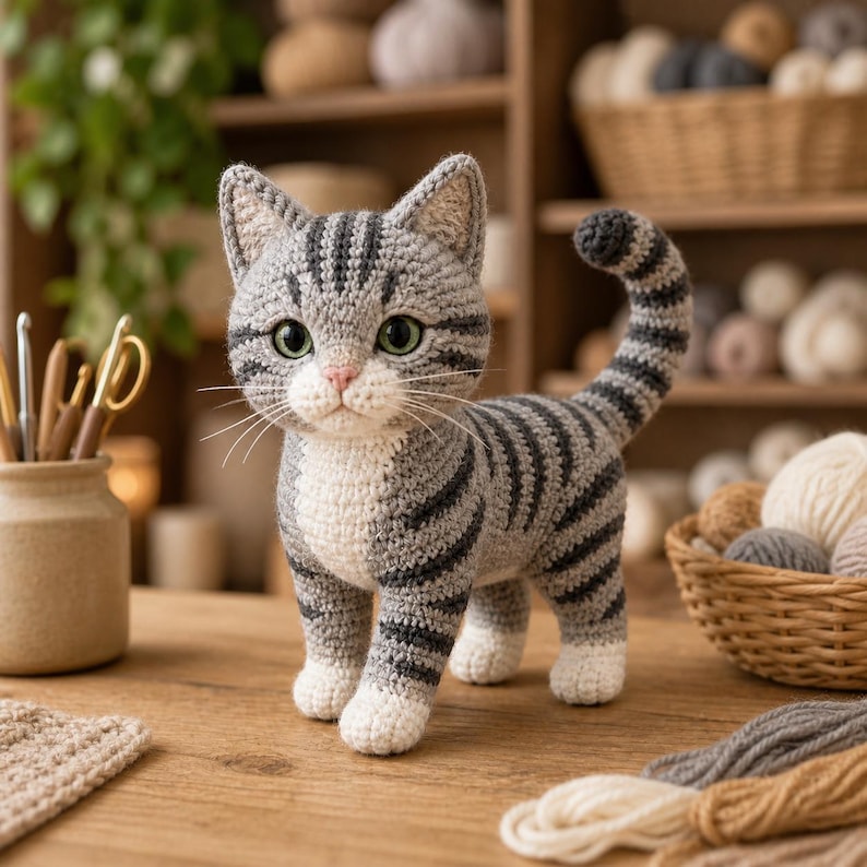 May include: A handcrafted crochet cat figurine featuring grey and white yarn with dark grey tabby stripes. The cat has large green eyes, a small pink nose, white paws, and a long, curved tail. It stands upright on a wooden surface with yarn nearby.