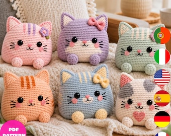 6 in 1 Cat Pillow Crochet Pattern Bundle PDF, Cute Kitty Cushion Amigurumi Patterns, 6 Cat Plush Patterns, 6 Languages