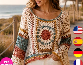 Boho Granny Square Crochet Top Pattern PDF, Lace Bell Sleeve Sweater Pattern, Women Crochet Blouse, 6 Languages