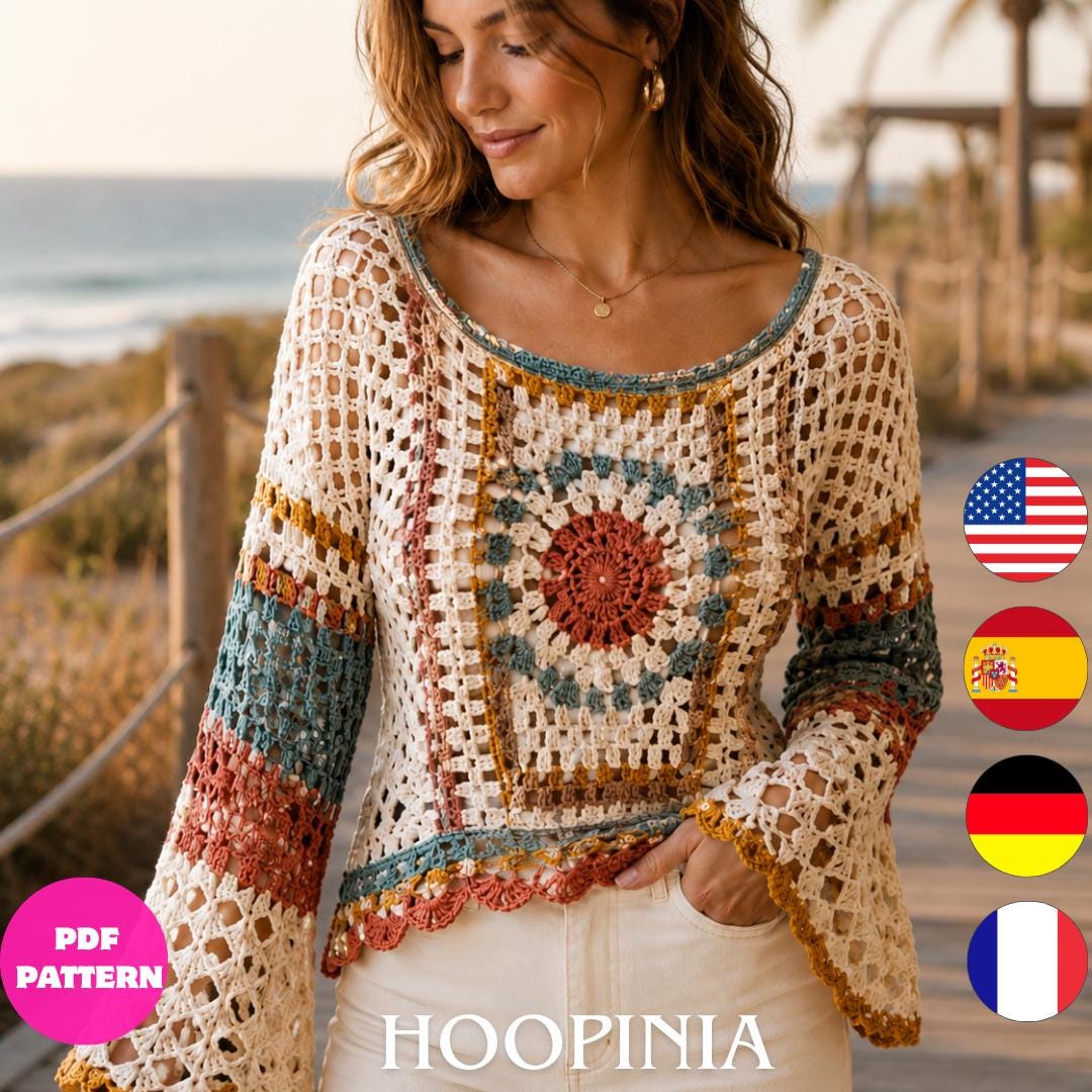 14 Crochet Blouse Patterns with Lace, Wraps, and Off-shoulder Styles 12 Boho Granny Square Crochet Top