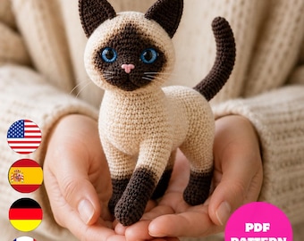 Siamese Cat Crochet Pattern PDF, Standing Kitty Amigurumi Plush Pattern, Cute Cat Lover Crochet Toy, 6 Languages