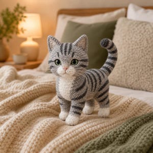 May include: A crocheted cat figurine featuring grey and white yarn with dark grey tabby stripes. The cat has large green eyes, a small pink nose, white paws, and a curved tail. The yarn texture is visible throughout the entire stuffed animal.