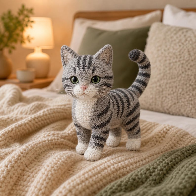 May include: A crocheted cat figurine featuring grey and white yarn with dark grey tabby stripes. The cat has large green eyes, a small pink nose, white paws, and a curved tail. The yarn texture is visible throughout the entire stuffed animal.