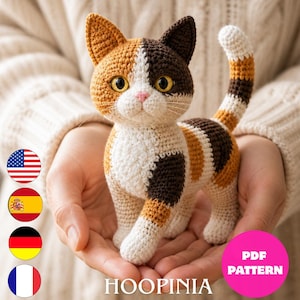 Calico Cat Crochet Pattern PDF, Standing Kitty Amigurumi Plush Pattern, Cute Cat Lover Crochet Toy, 6 Languages