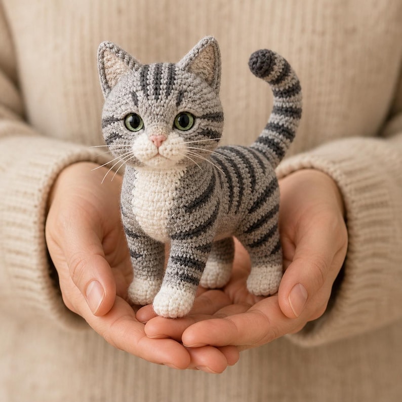 Gray Tabby Cat Crochet Pattern PDF, Standing Kitty Amigurumi Plush Pattern, Cute Cat Crochet Toy, 6 Languages image 4