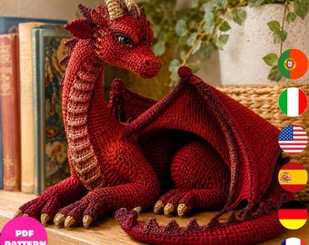Crimson Guardian Dragon Crochet Pattern PDF Realistic Fantasy Amigurumi, 6 Languages