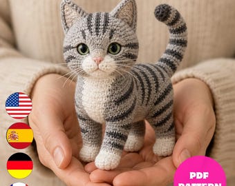 Gray Tabby Cat Crochet Pattern PDF, Standing Kitty Amigurumi Plush Pattern, Cute Cat Crochet Toy, 6 Languages