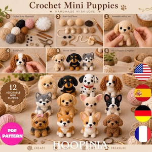 Peut inclure: Un guide de modèle au crochet pour 12 chiots miniatures, présentant des instructions étape par étape pour rassembler le matériel, assembler les pièces et ajouter les détails. L'image montre divers petits chiens en laine finis, incluant un caniche, un teckel et un husky, avec des pelotes de laine et des crochets.