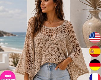 Boho Batwing Crochet Top Pattern PDF, Lace Beach Cover Up, Women Summer Crochet Shirt, 6 Languages