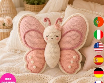 Pink Butterfly Pillow Crochet Pattern PDF, Nursery Butterfly Cushion, Crochet Plush Decor, 6 Languages