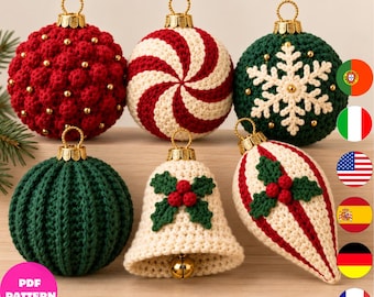 Crochet Christmas Ornament Pattern Bundle, 6 Vintage Baubles, Bell & Snowflake PDF Digital Download