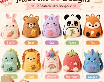 10 Crochet Backpack Patterns PDF, Cute Animal Mini Backpack Bundle, 6 Languages